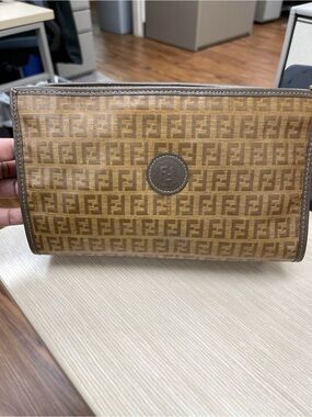 Fendi Zucchino Vintage Brown Monogram Coated Canvas Cosmetic Clutch EUC